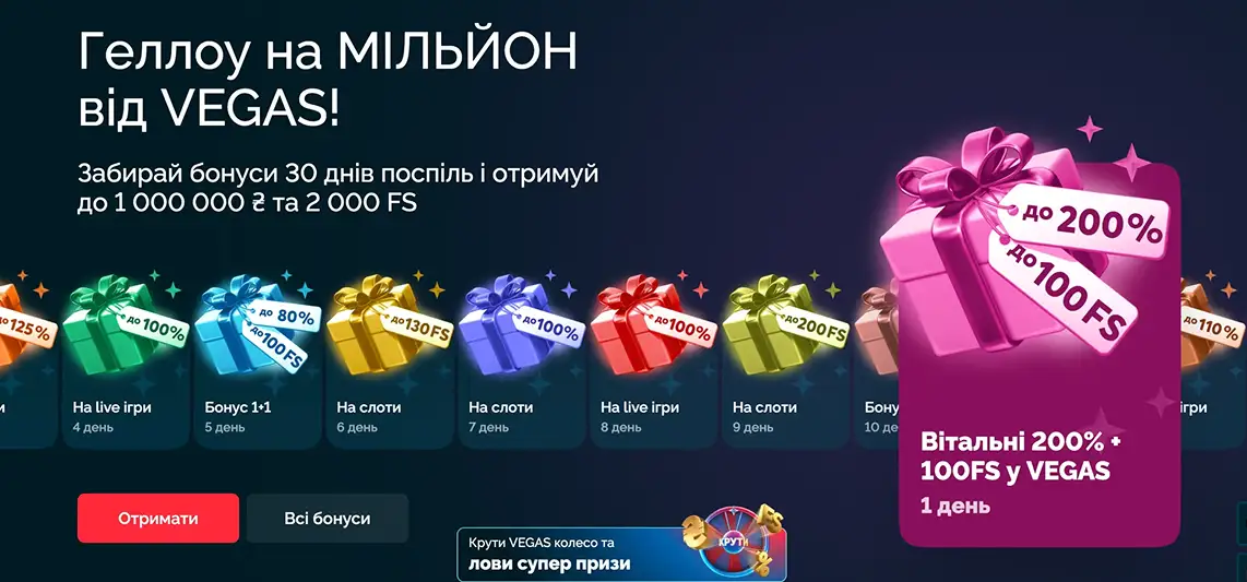 Розділ бонусів та акцій Вегас казино з вітальним пакетом